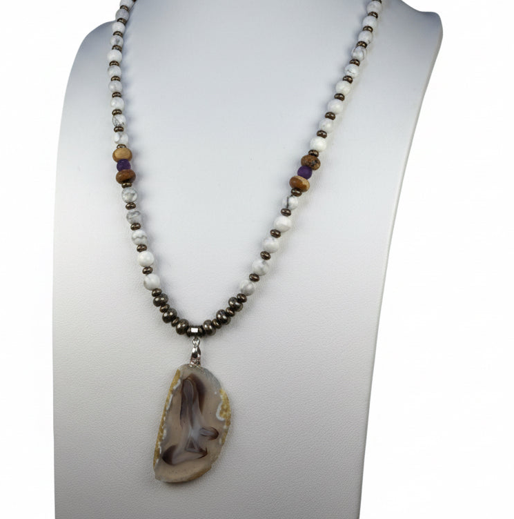 Shadow Sentinel Brazilian Agate, Pyrite and Howlite Necklace