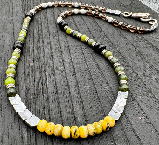 Elemental Force - Aspen Jade, Smoky Quartz, Shungite and Yellow Turquoise Necklace - EnergyofTribe