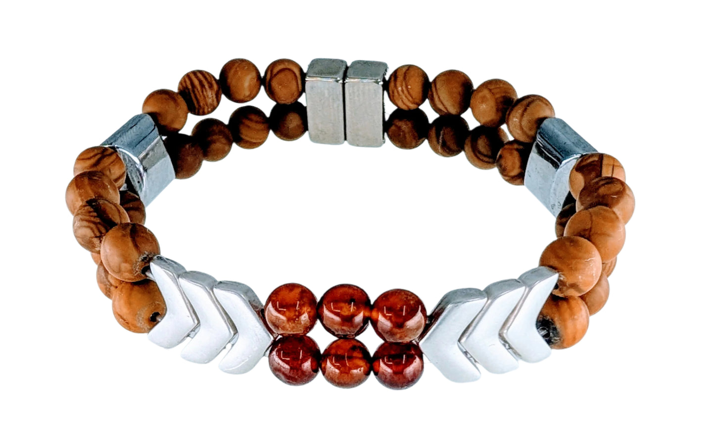 Bracelet with wooden beads and metal clasp on a light blue background