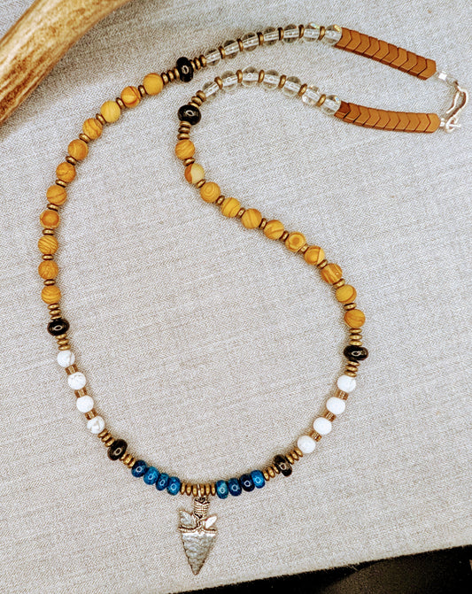 Sacred Warrior Kyanite, Wood Grain Jasper, Howlite, Pyrite Necklace - EnergyofTribe
