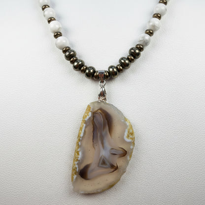 Shadow Sentinel Brazilian Agate, Pyrite and Howlite Necklace
