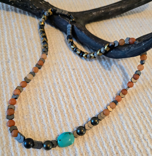 Exquisite Hematite, Metal, Turquoise, Brown Snowflake Obsidian, Aventurine Unisex Necklace with Sterling Findings.