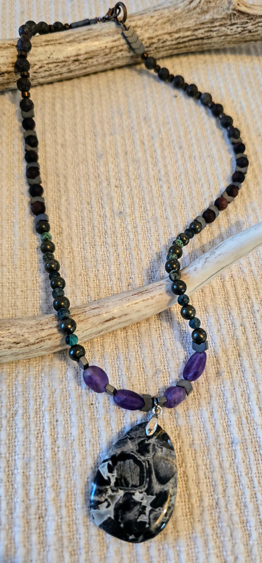 Exquisite Hematite, Matte Amethyst, Pyrite, Matte Turquois, Snowflake Obsidian, Necklace with Sterling Findings.