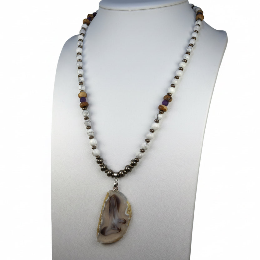 Shadow Sentinel Brazilian Agate, Pyrite and Howlite Necklace