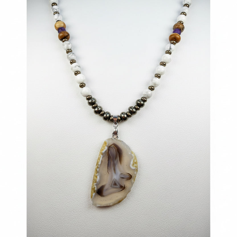 Shadow Sentinel Brazilian Agate, Pyrite and Howlite Necklace