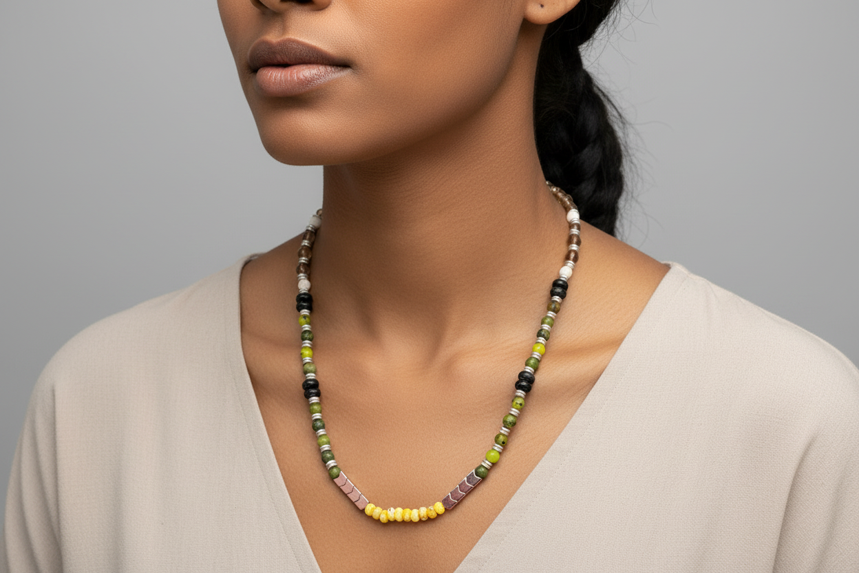 Elemental Force - Aspen Jade, Smoky Quartz, Shungite and Yellow Turquoise Necklace