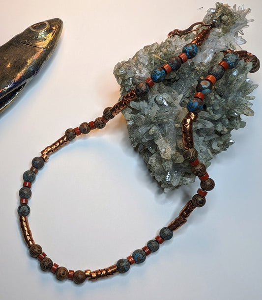 Exquisite Copper Matte Turquoise Walnut Czech Laboradite Necklace