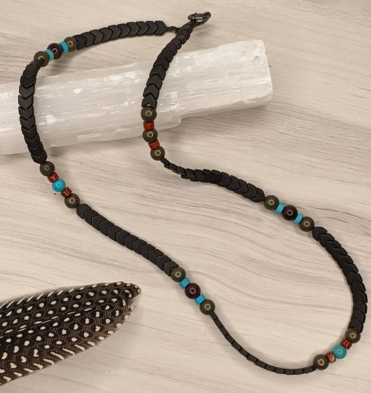 Exquisite Black Chevron Turquoise Garnet Czech Labradorite Necklace