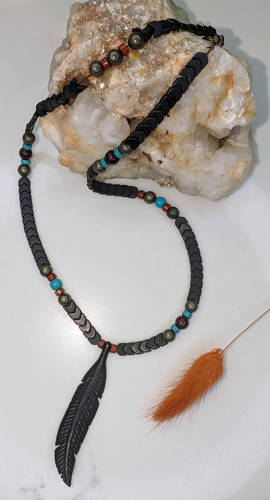 Exquisite Black Feather Turquoise Garnet Czech Labradorite Necklace
