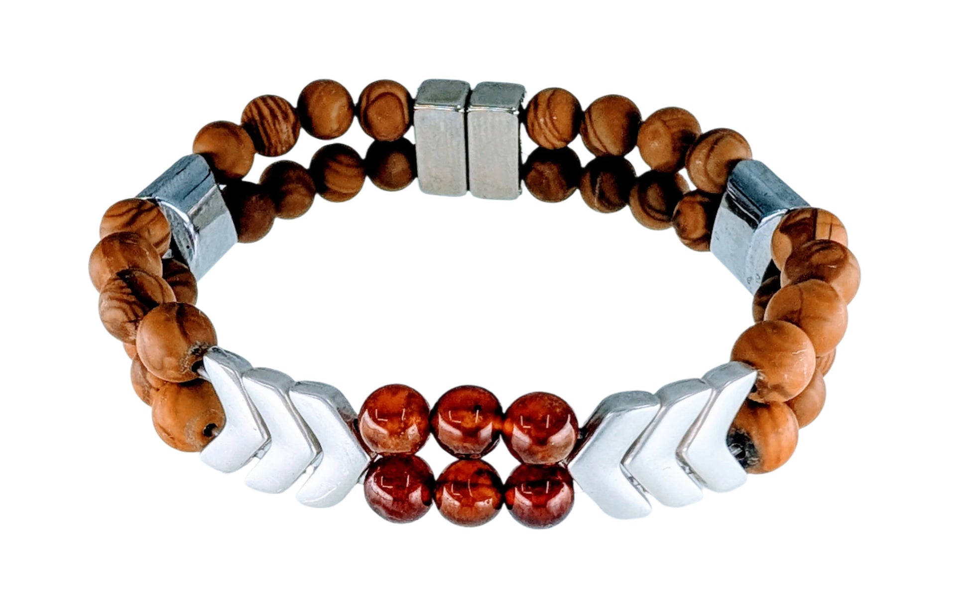 Bracelet with wooden beads and metal clasp on a light blue background