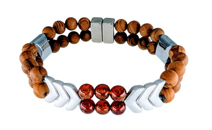 Bracelet with wooden beads and metal clasp on a light blue background