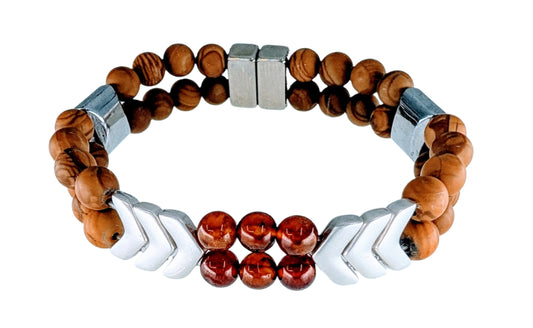 Bracelet with wooden beads and metal clasp on a light blue background