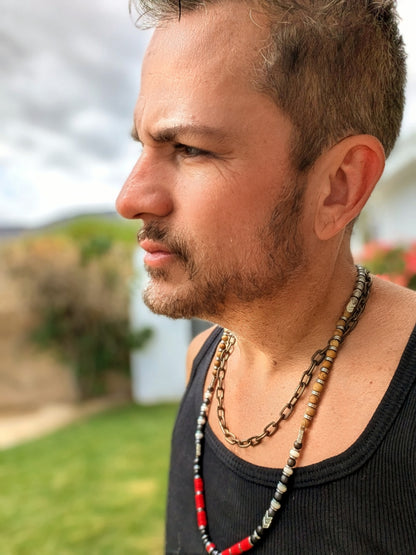 Sacred Warrior Coral Howlite, Wood Grain Jasper, Howlite, Hematite Energetic Necklace