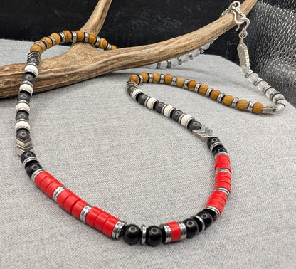 Sacred Warrior Coral Howlite, Wood Grain Jasper, Howlite, Hematite Energetic Necklace