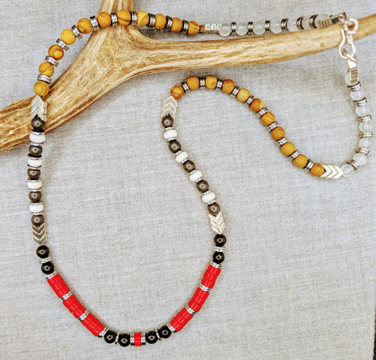 Sacred Warrior Coral Howlite, Wood Grain Jasper, Howlite, Hematite Energetic Necklace