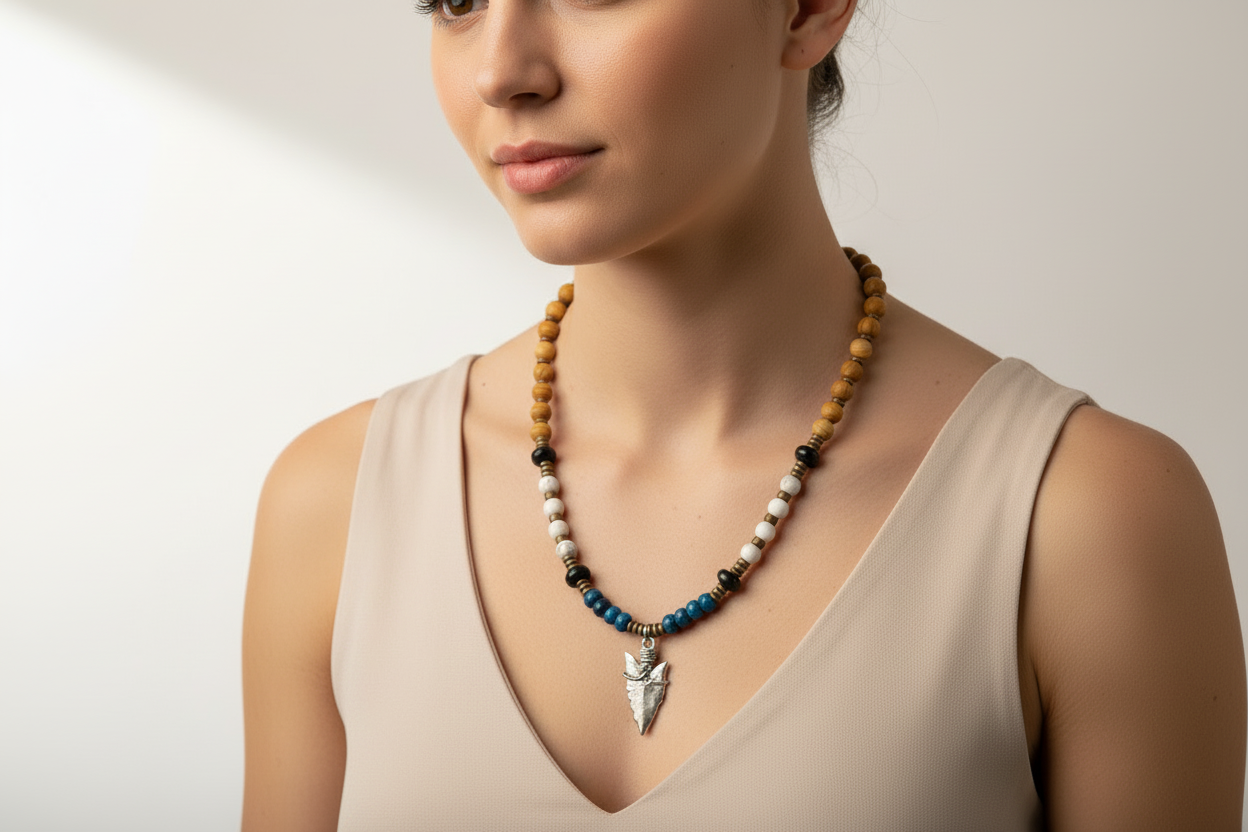 Sacred Warrior Kyanite, Wood Grain Jasper, Howlite, Pyrite Necklace