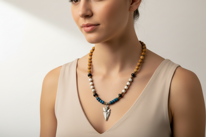 Sacred Warrior Kyanite, Wood Grain Jasper, Howlite, Pyrite Necklace