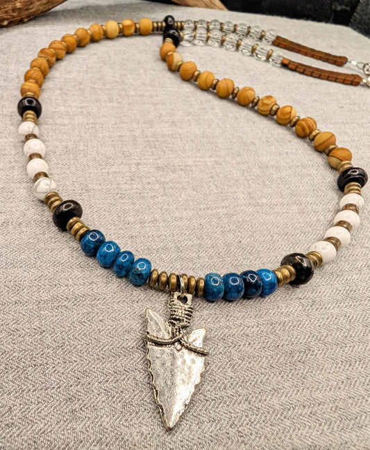Sacred Warrior Kyanite, Wood Grain Jasper, Howlite, Pyrite Energetic Necklace
