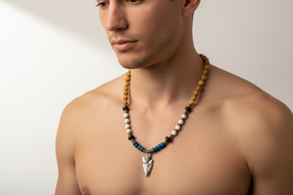 Sacred Warrior Kyanite, Wood Grain Jasper, Howlite, Pyrite Necklace