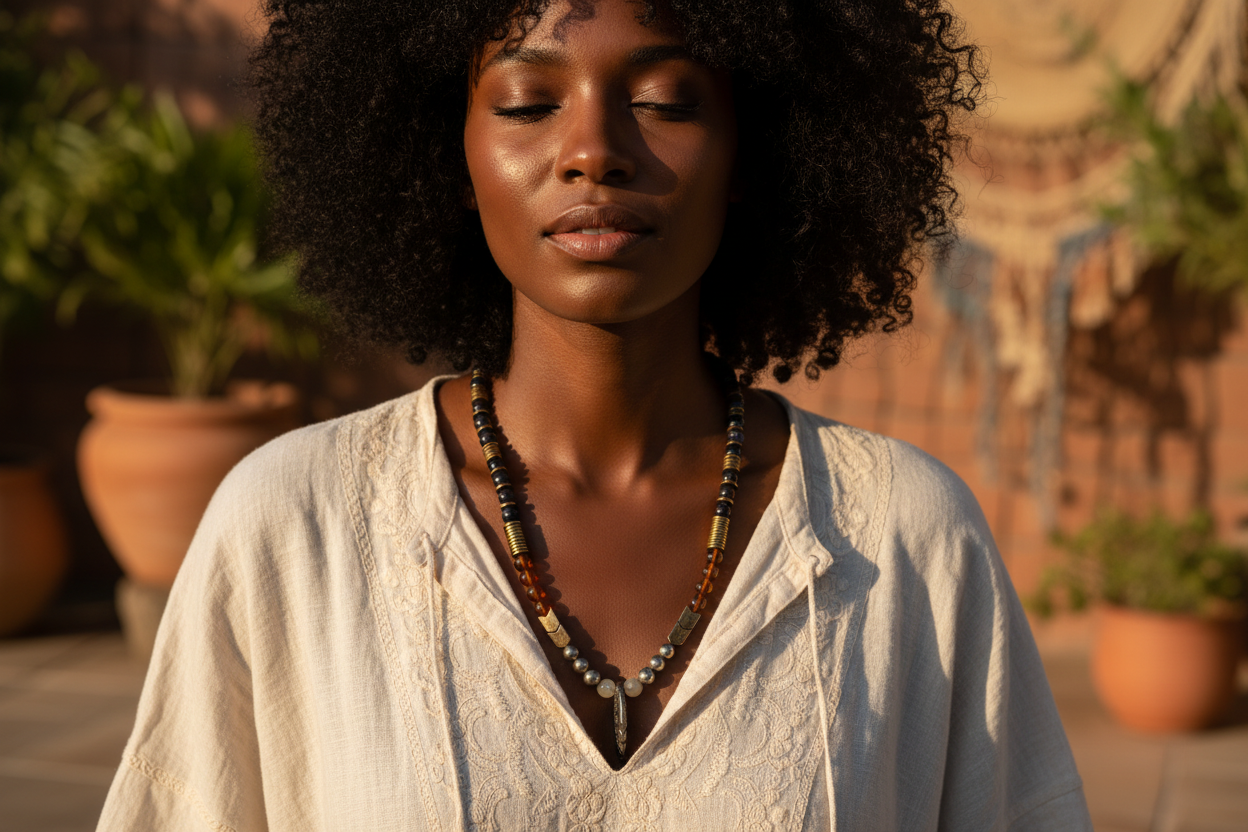 Woman wearing necklace talisman